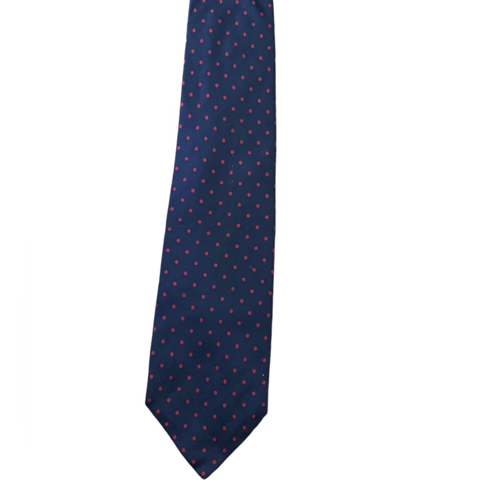 Gimbels navy tie with red polkadots. Vintage tie from Londonderry Ireland. EUC